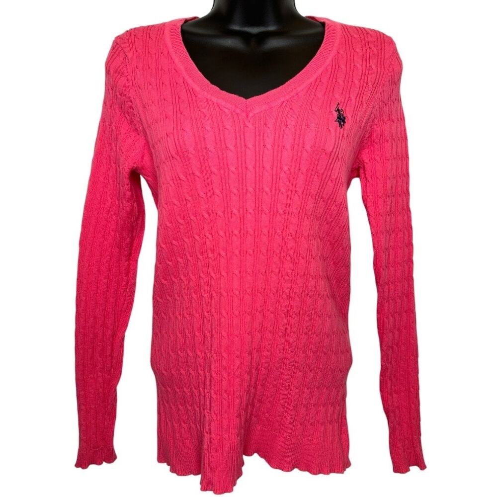 US Polo Association women’s vibrant hot pink Cable-Knit V-Neck Sweater size L